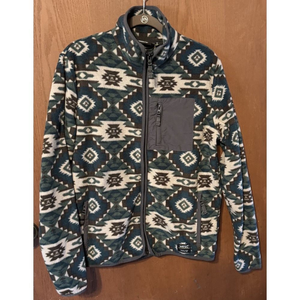 WESC Full Zip Aztec Fleece Jacket Green Teal Gray Southwest Mens M Womens L TubS